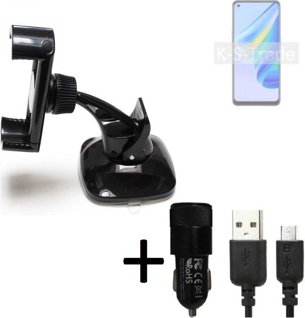 K-S-Trade Halterung kompatibel mit Oppo Reno6 Lite Windschutzscheibe / Armaturenbrett + LADEGERÄT mit Mico USB Kabel Autohalterung KFZ Halter