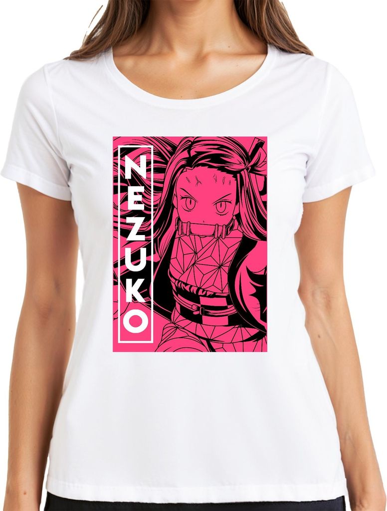 Nezuko Demon Slayer Kimetsu no Yaiba Bambus Beißstück Rosa Damen T-Shirt, Weiß, M