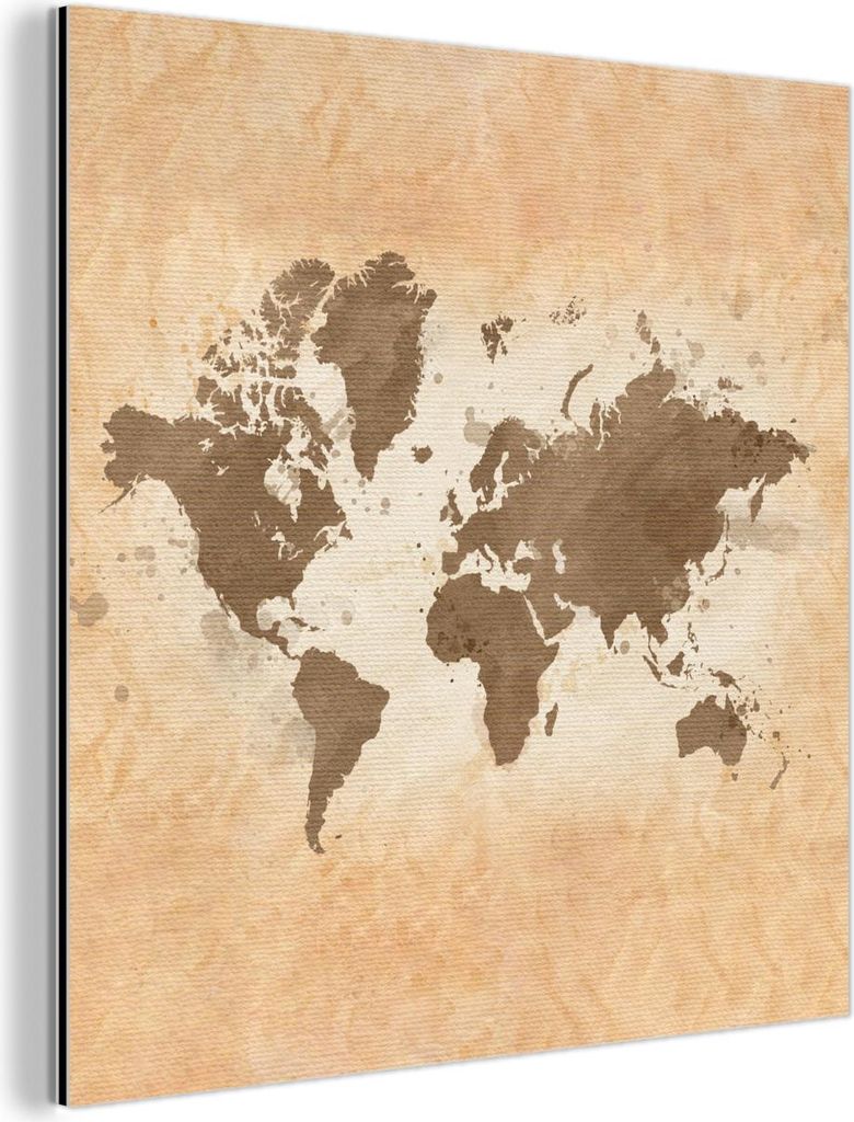 MuchoWow Wanddekoration Metall Metallbild Wandkunst 20x20 cm Weltkarte - Beige - Braun MuchoWow Aluminium Gemälde - Alu Dibond Bilder