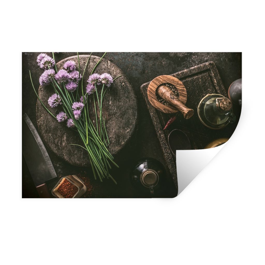 MuchoWow Wandtattoo Wandsticker Wandaufkleber Schnittlauch - Küche - Mörser - Rustikal - Kräuter - Lila 90x60 cm Selbstklebend und Repositioni...