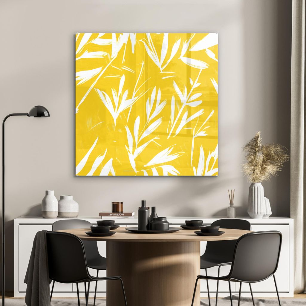 MuchoWow Glasbilder - Bilder auf Wandbild - Foto auf Glas Abstrakt - Blätter - Gelb - Pinselstriche 90x90 cm Wanddekoration aus Glas - Acrylglasbi...