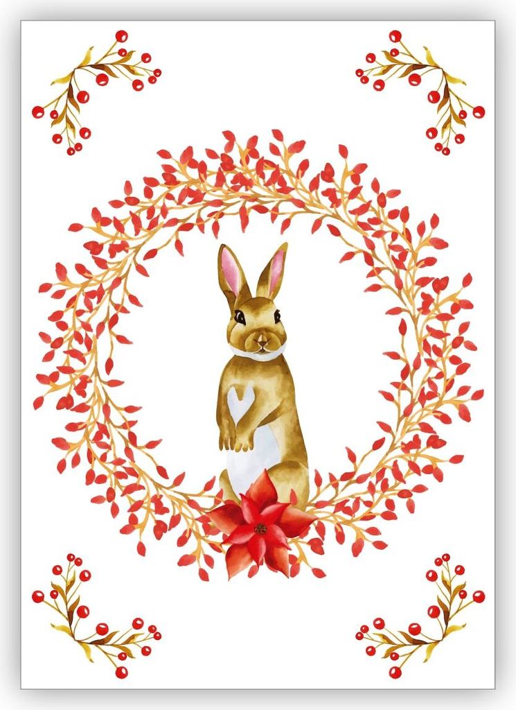 Hübsche klassische Weihnachtskarte mit edlem Weihnachtskranz in rot mit schönem Hasen