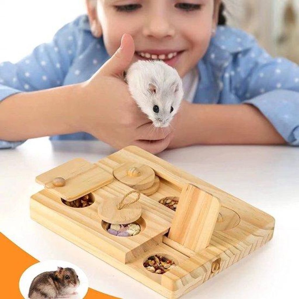 Interaktives Holzspielzeug für kleine Nagetiere, 6-fach Spielzeug für Chinchillas, Ratten und Gerbils, mit Snack-Dispenser, Holz, für Konijnen u...