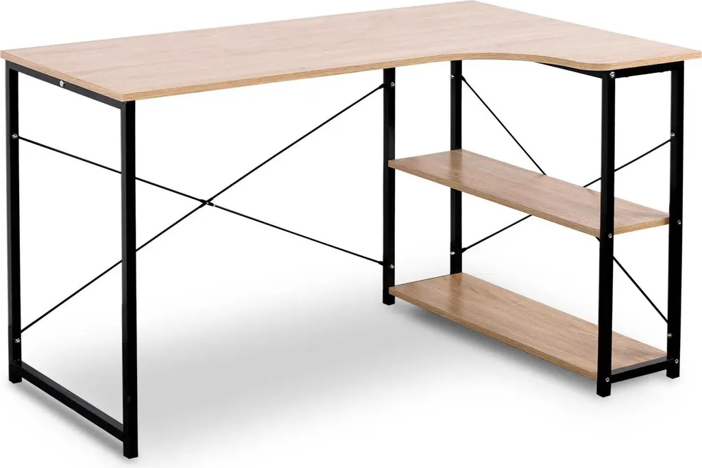 Bureau d'angle informatique en L 120x74 cm en bois de pin chêne et noir