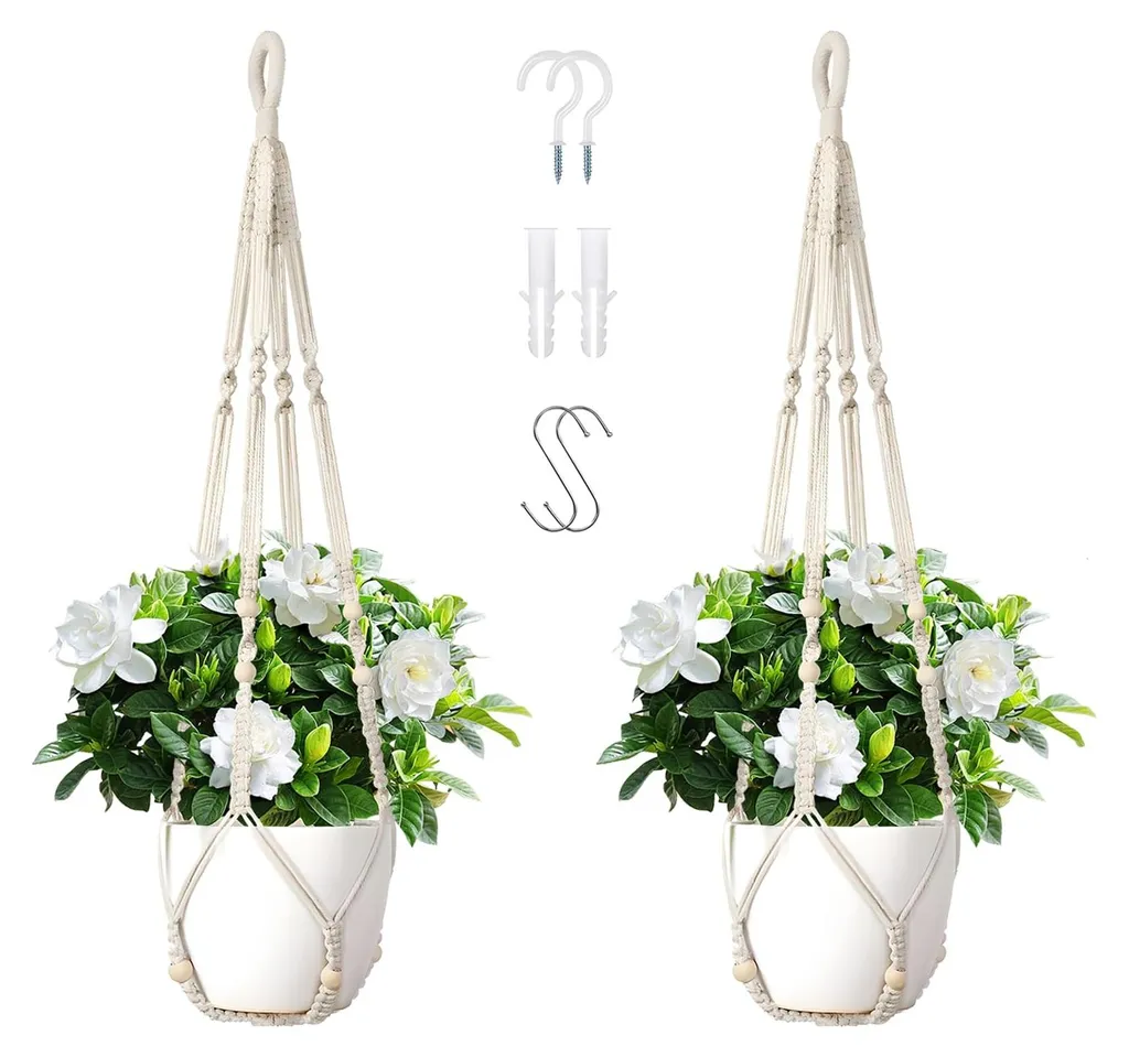 Lot de 2 Suspensions Macramé 89cm en Coton Blanc avec Crochets Métal