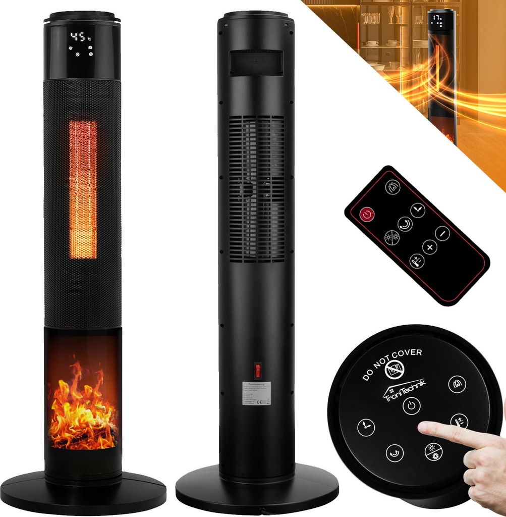 TroniTechnik PTC Turmheizer Keramikheizer Elektrokamin mit Heizung und Kaminfeuer 2000 Watt Heizlüfter