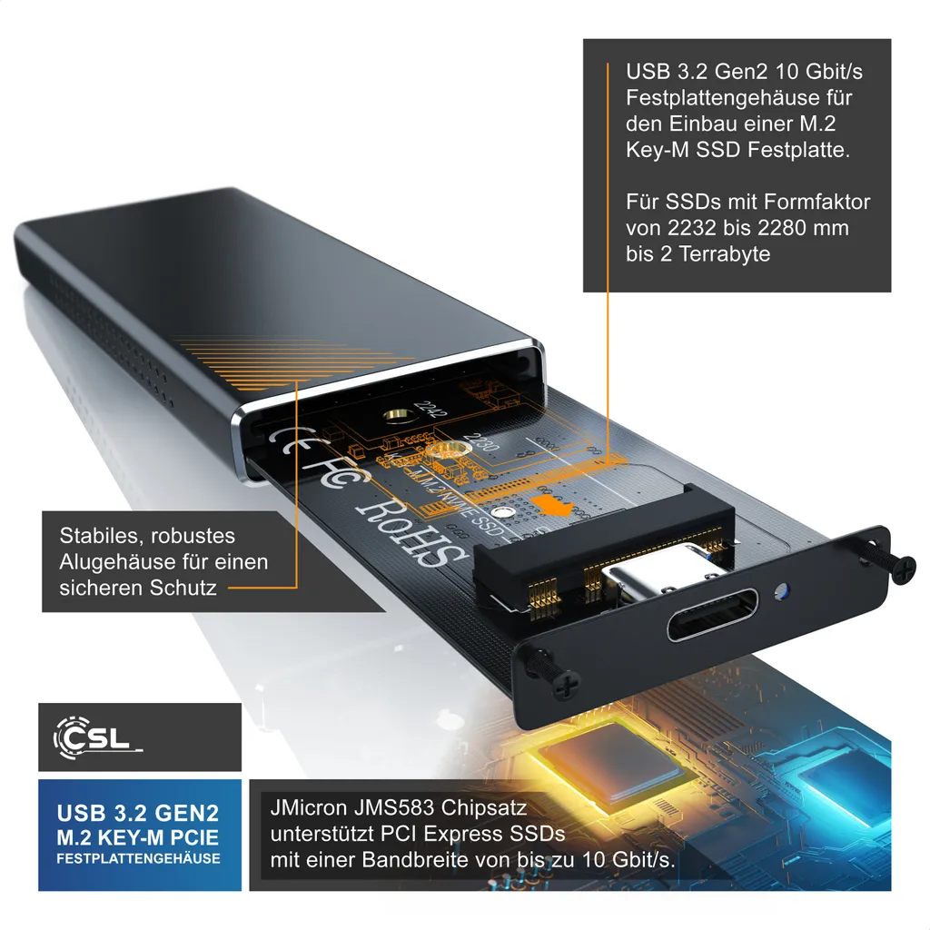 CSL M.2 Key-M PCIe Festplatten-Gehäuse extern RH7281