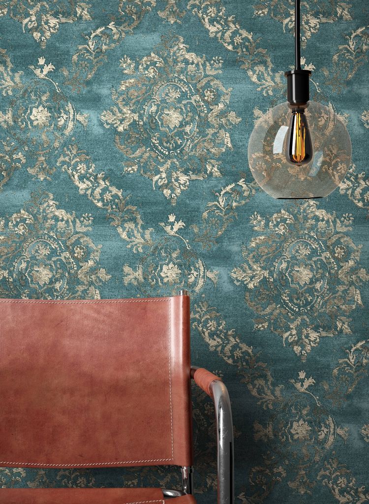 NEWROOM Tapete Blau Vliestapete Ornament - Barocktapete Barock Gold Prunk Glamour