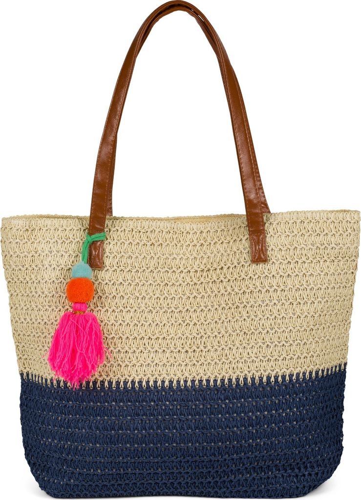 styleBREAKER Damen Bast Strandtasche 45 x 13 x 46 cm mit Reißverschluss | Zweifarbige Korbtasche mit Quaste | Flechttasche mit langen Henkeln für...