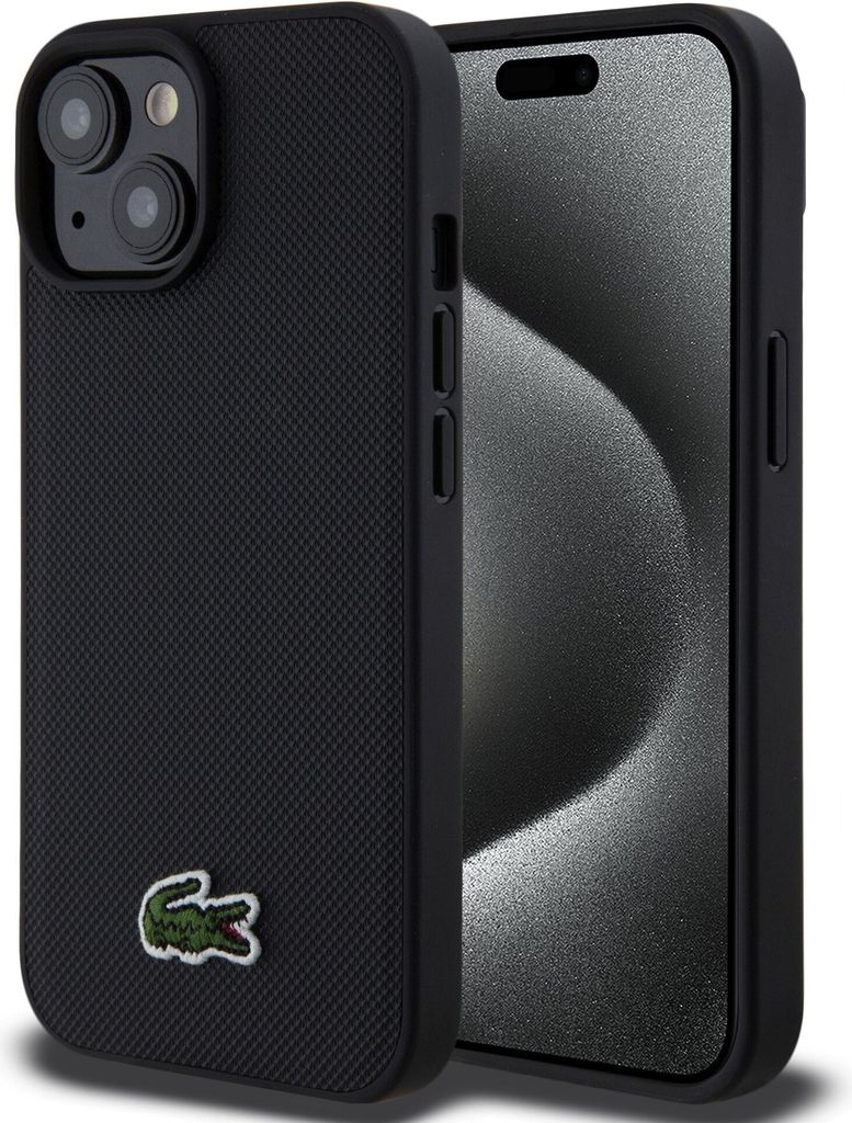 A black iPhone case with a green Lacoste logo is shown from an angle, with the phone screen visible behind it.