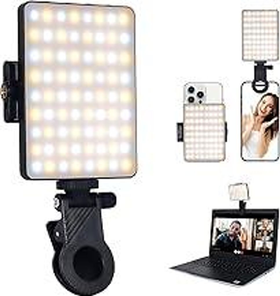 VKH Selfie Licht mit Clip, 72 LED Videolicht Dimmbare 3000K-9900K 3 Lichtmodi Handy Licht, CRI 80+ Panel-Licht, Eingebauten Rechargeable Akkus für...