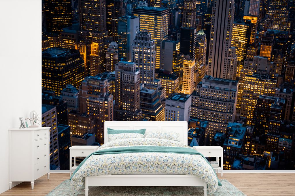 MuchoWow Fototapete für Wohnzimmer oder Schlafzimmer Wandtapete Vinyl Motivtapete New York - Manhattan - Nacht - 450x300 cm - Gemusterte