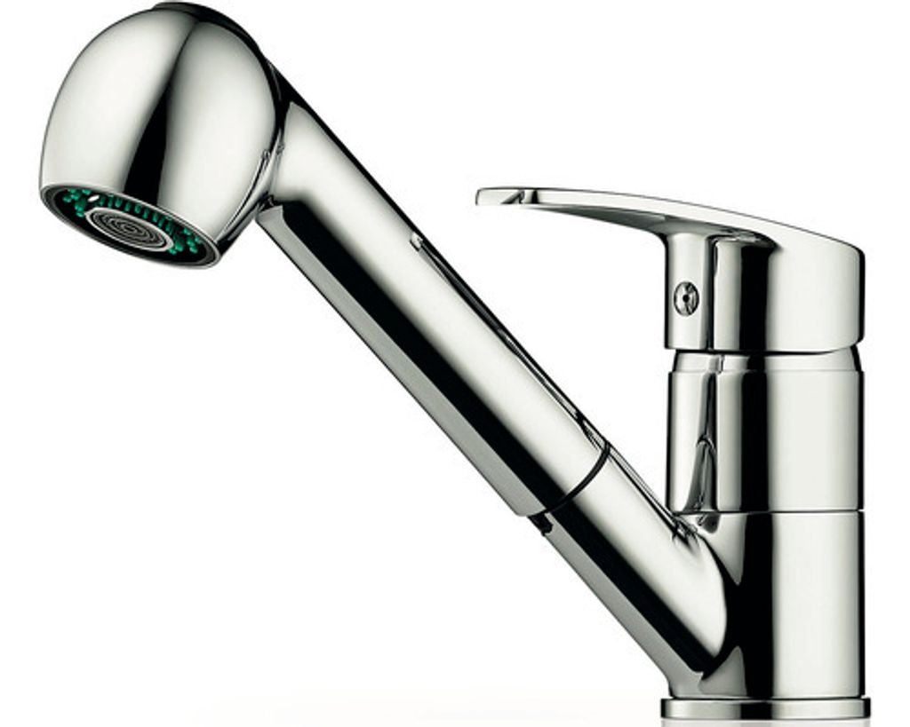 A chrome kitchen faucet with a pull-out spray head, shown against a white background.