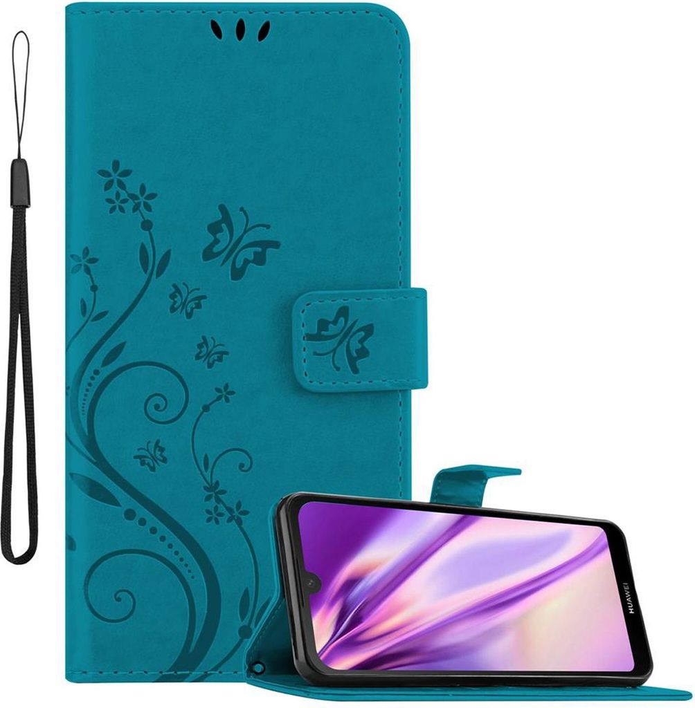 Cadorabo Hülle für Huawei Y6 PRO 2019 Schutz Hülle in Blau Schutzhülle Handy Hülle Etui Case Blumen Flower
