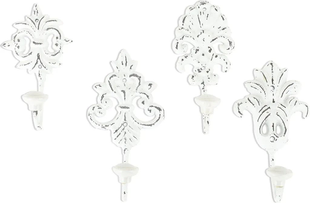 Lot de 4 crochets muraux en fer forgé style Shabby Chic rétro blanc