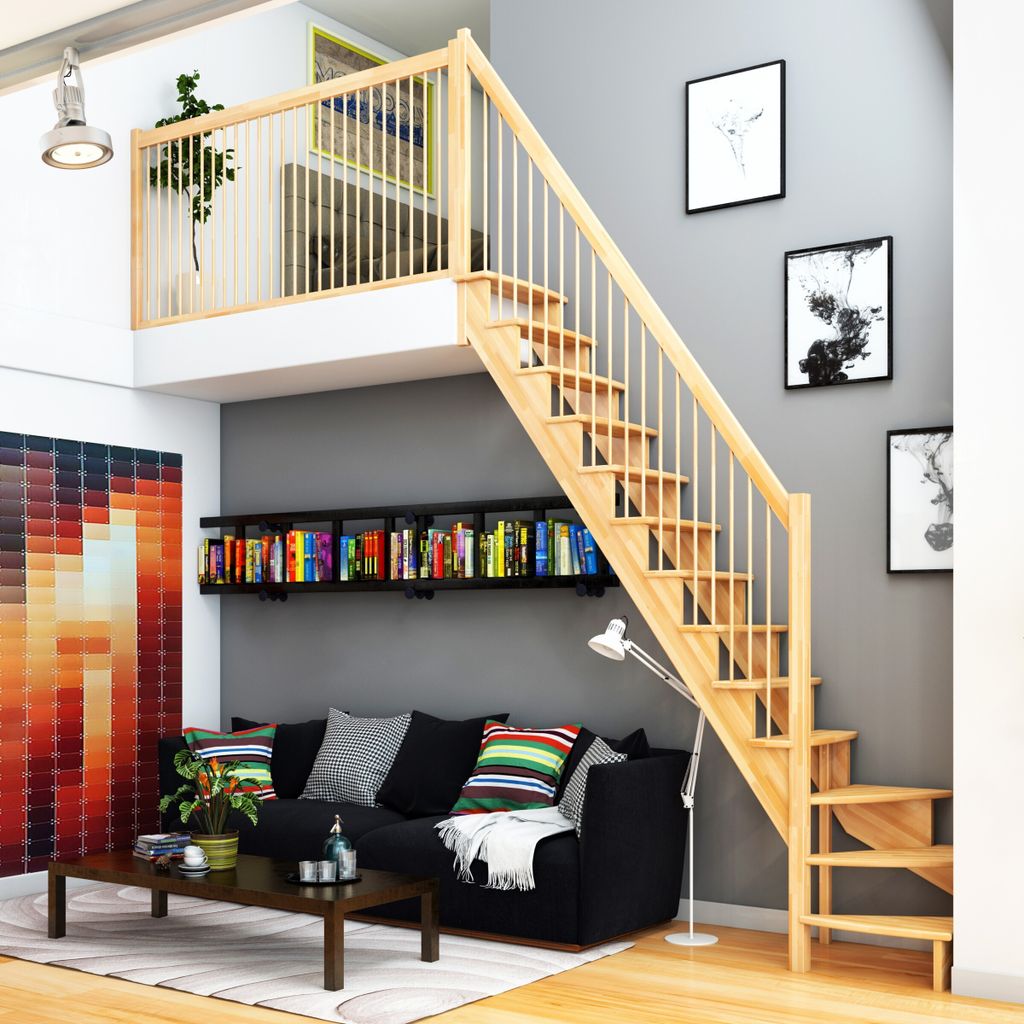 Dolle Raumspartreppe Lyon inkl. einseitigem Geländer Buche versiegelt Treppenlauf 1/4 gewendelt unten links 65cm breit Holzstäbe