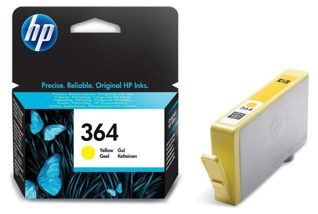 A product shot of an HP 364 yellow ink cartridge and its packaging.