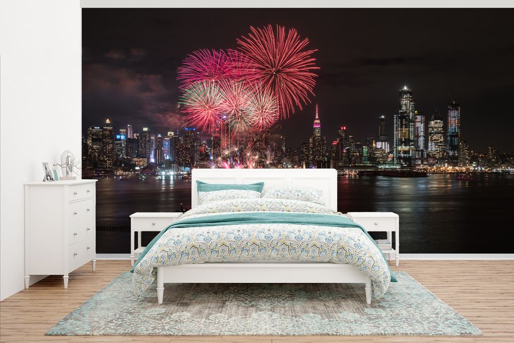 MuchoWow Fototapete für Wohnzimmer oder Schlafzimmer Wandtapete Vinyl Motivtapete Feuerwerk in New York - 430x240 cm - Gemustert