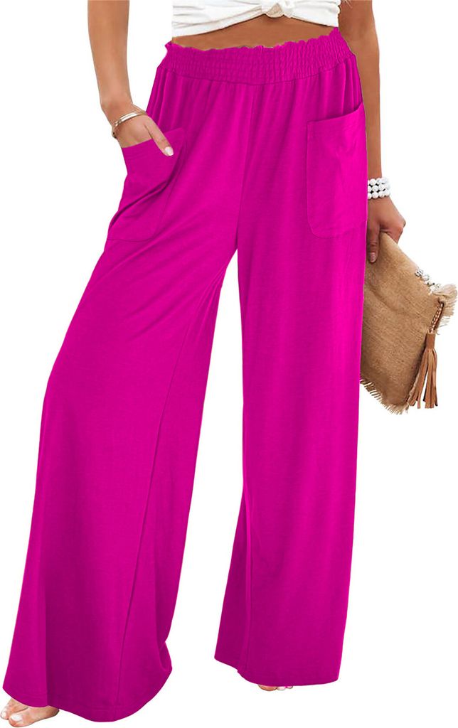 ASKSA Damen Weite Bein Hose Hohe Taille Palazzo Sommerhose Einfarbig Lockere Elegante Strandhose Freizeithose mit Taschen (Rosenrot,XXL)