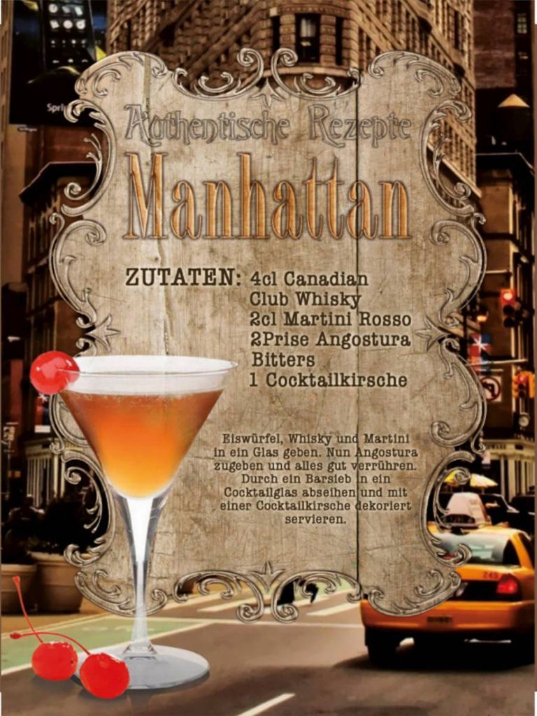vianmo Holzschild 40x30 cm Rezept Manhattan Zutaten Canadian