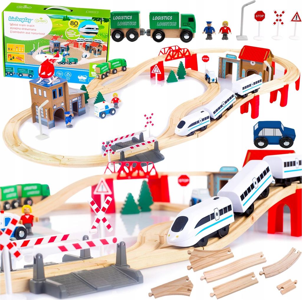 A wooden train set with various accessories arranged on a wooden track.