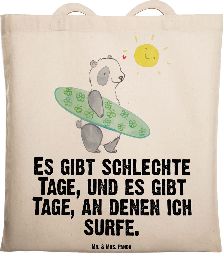Mr. & Mrs. Panda Jutebeutel Panda Surfen - Transparent - Geschenk, Schultasche, Tasche, Wellenreiten, Shopping, festival, Tote Bag, Surfschule, Lap...
