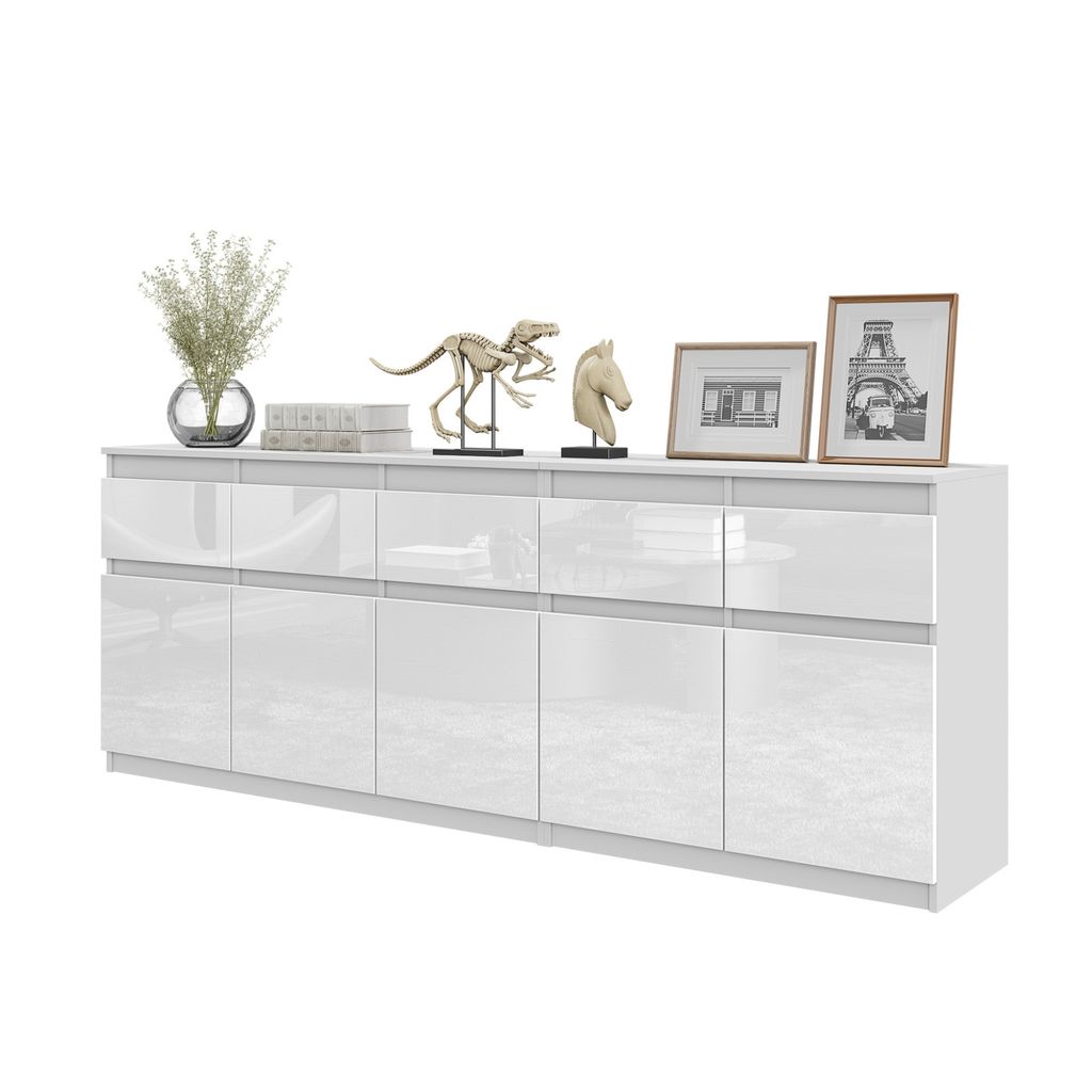 NOAH - Kommodenset mit 5 Schubladen und 5 Türen - Schlafzimmer Kommode Aufbewahrung Schrank Sideboard - Weiß Matt / Weiß Glanz H75cm B200cm T35cm