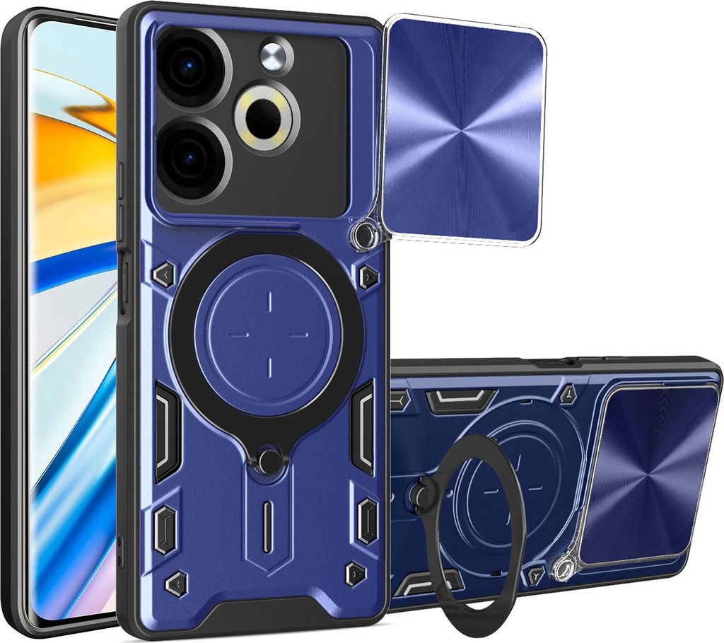 Handyhülle für Tecno Pova 6 Neo 4G Dual-Layer Stoßfest Rüstung Hülle mit Dia Kameraschutz und Kreisförmig Ring Ständer Blau