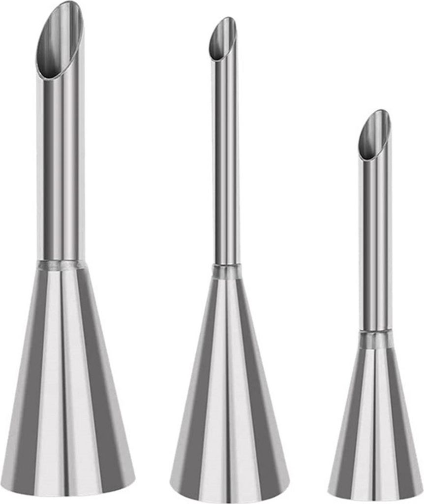 Sahne-Spritztüllen-Set aus Edelstahl, leichtes Gebäck-Zuckerguss-Dekorationswerkzeug mit 3 langen Blätterteigdüsen, Windbeutel-Dekorationsset
