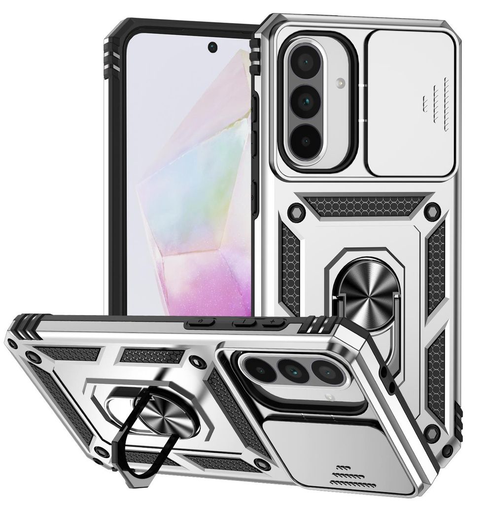 Galaxy A56 / A36 Hülle mit Schiebe Kamera Schutz und Ringhalter Ständer Robust Rüstung Schutzhülle für Samsung Galaxy A56 / A36 Silber