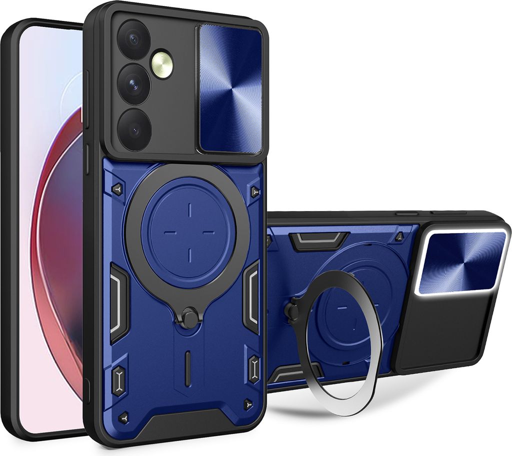 Handyhülle für Samsung Galaxy A35 5G Dual-Layer Stoßfest Rüstung Hülle mit Dia Kameraschutz und Kreisförmig Ring Ständer Blau