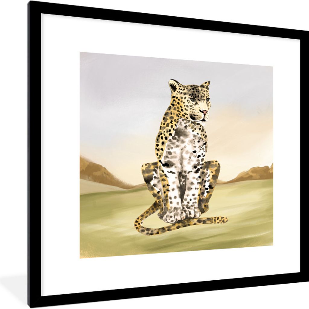 MuchoWow Gerahmtes Poster Leopard - Dschungel - Gras 40x40 cm - Poster mit Schwarzem Bilderrahmen Wandposter Rahmen Foto Bilder - Poster - Plakat...