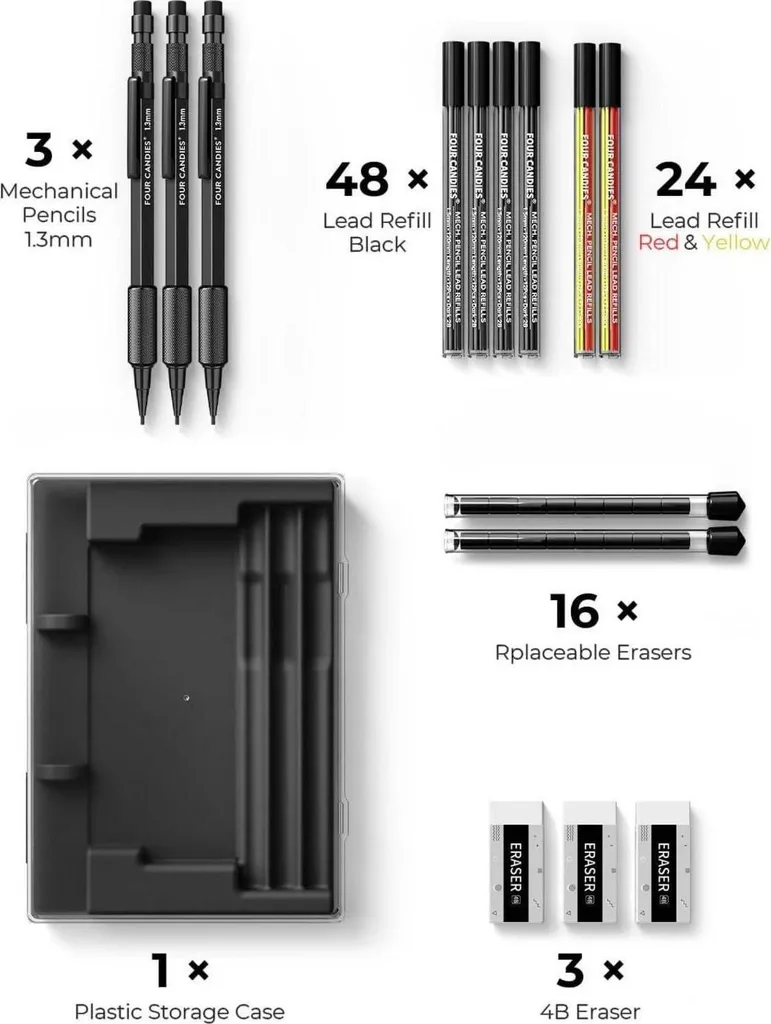 Set Matite Meccaniche Metallo Professionali: 48 Mine, Astuccio e Gomme - 6