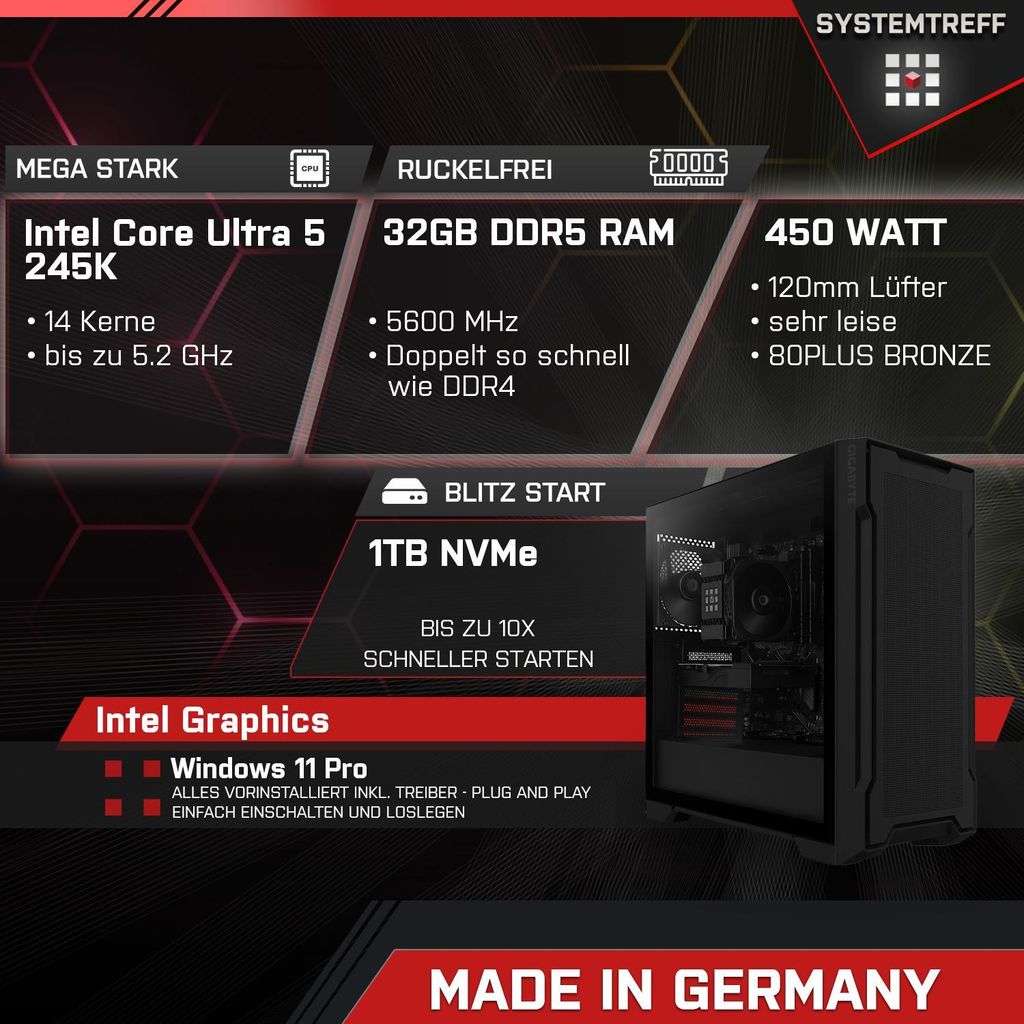 SYSTEMTREFF Mini PC - Core Ultra 5 245K - Intel Graphics - 32GB DDR5 - 1TB NVMe - 24 Zoll Monitor - Windows 11 Pro - Desktop