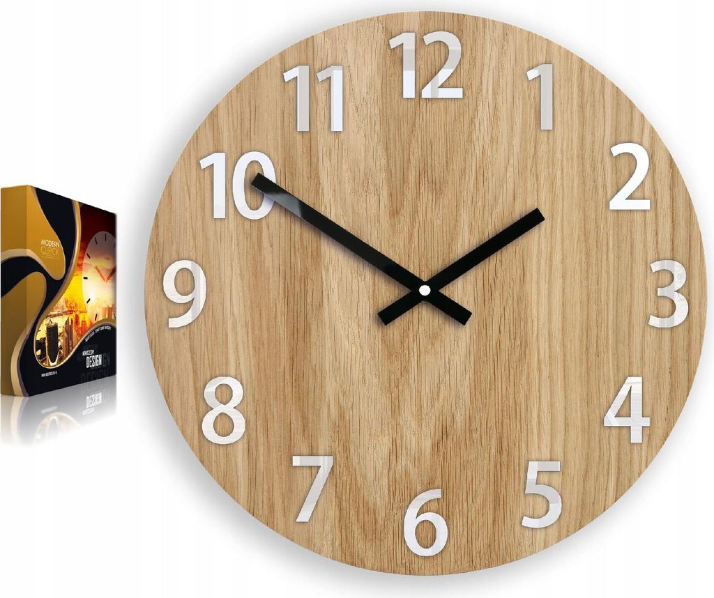 ModernClock, Wanduhr, Wohnzimmer, 33cm, große Wanduhr aus Eiche, Amadus weiß