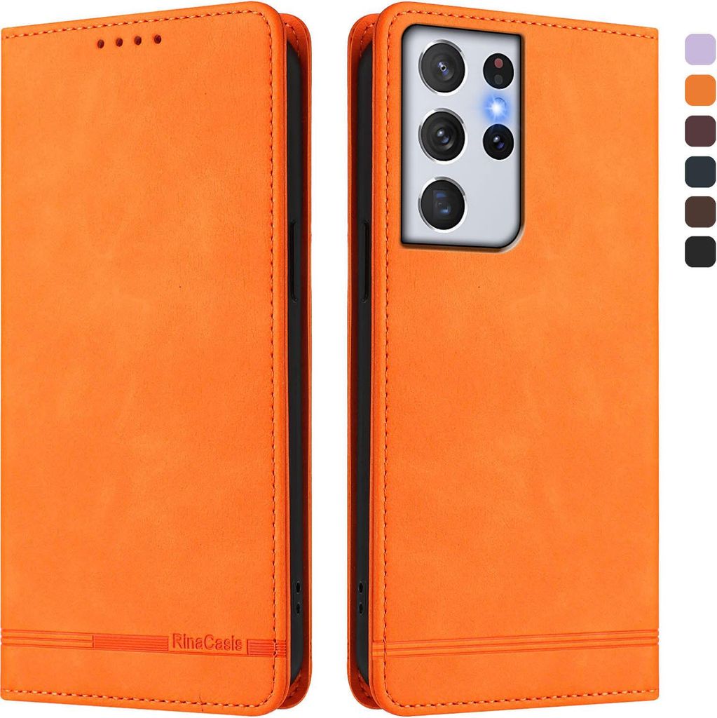 Hülle für Samsung Galaxy S21 Ultra 5G, Retro Kunstleder Ständer Klapphülle mit Kartenfächer und Magnetische Orange