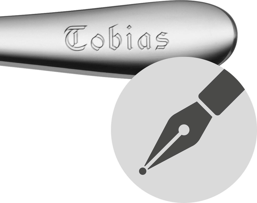 A close-up view of an engraved name on a metallic object, with a magnified view of a fountain pen nib.