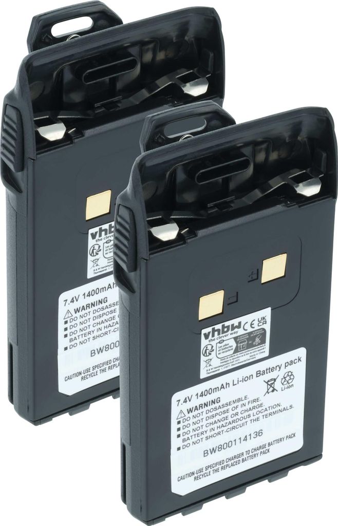 vhbw 2x Akku kompatibel mit Dynascan DB-48 Funkgerät, Walkie Talkie (1400 mAh, 7,4 V, Li-Ion) + Gürtelclip