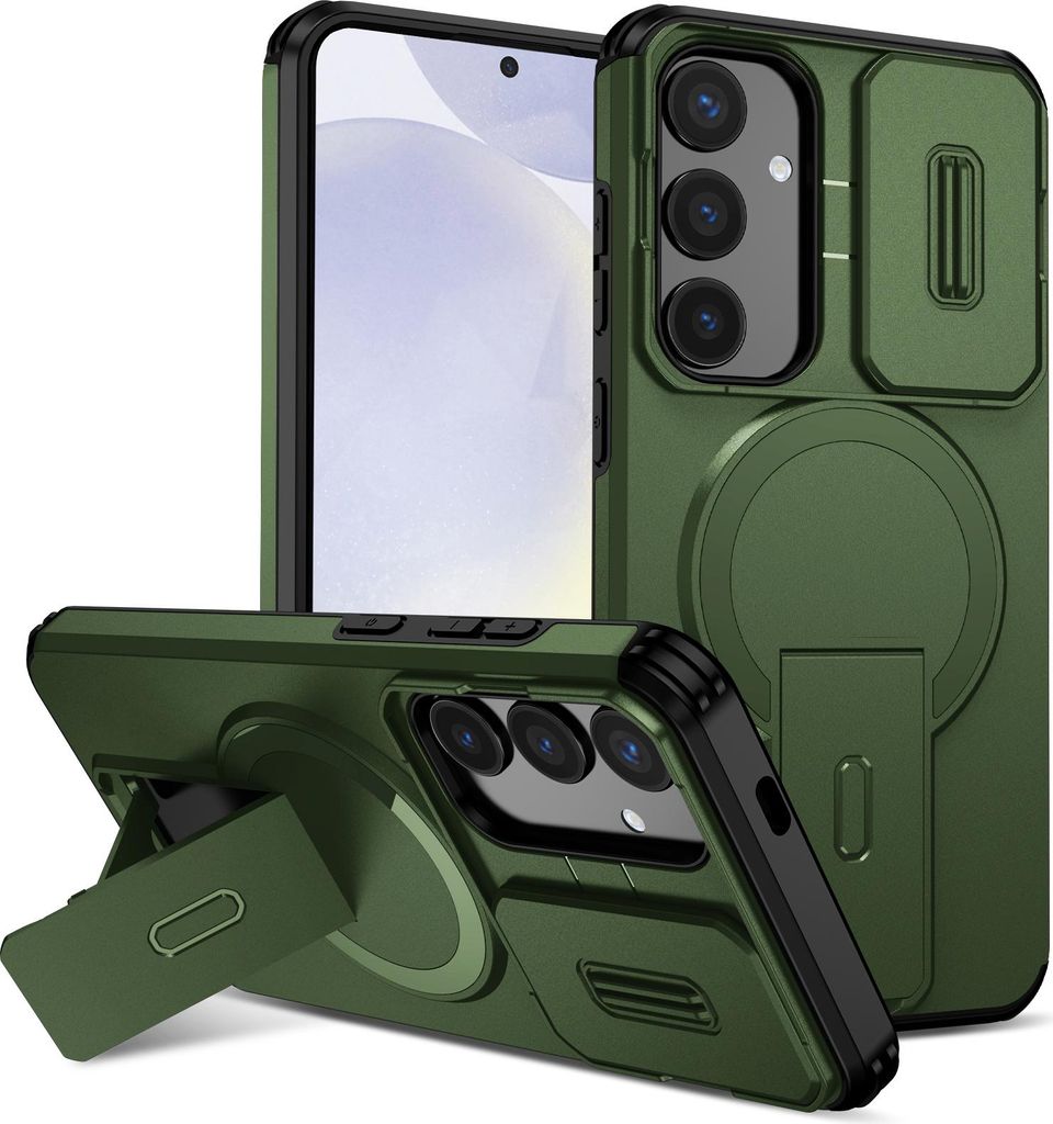 Magnetisch Hülle für Samsung Galaxy S25+/S24+, Dual Layer Stoßfest Handyhülle mit Dia Kameraschutz, Verstellbarem Ständer Grün