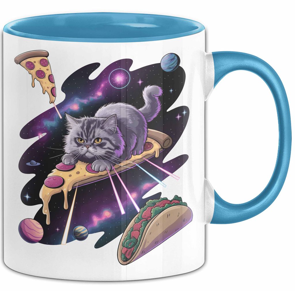 Pizzaesser Tasse Geschenk Katze isst Pizza im Weltall Lustig (Blau)