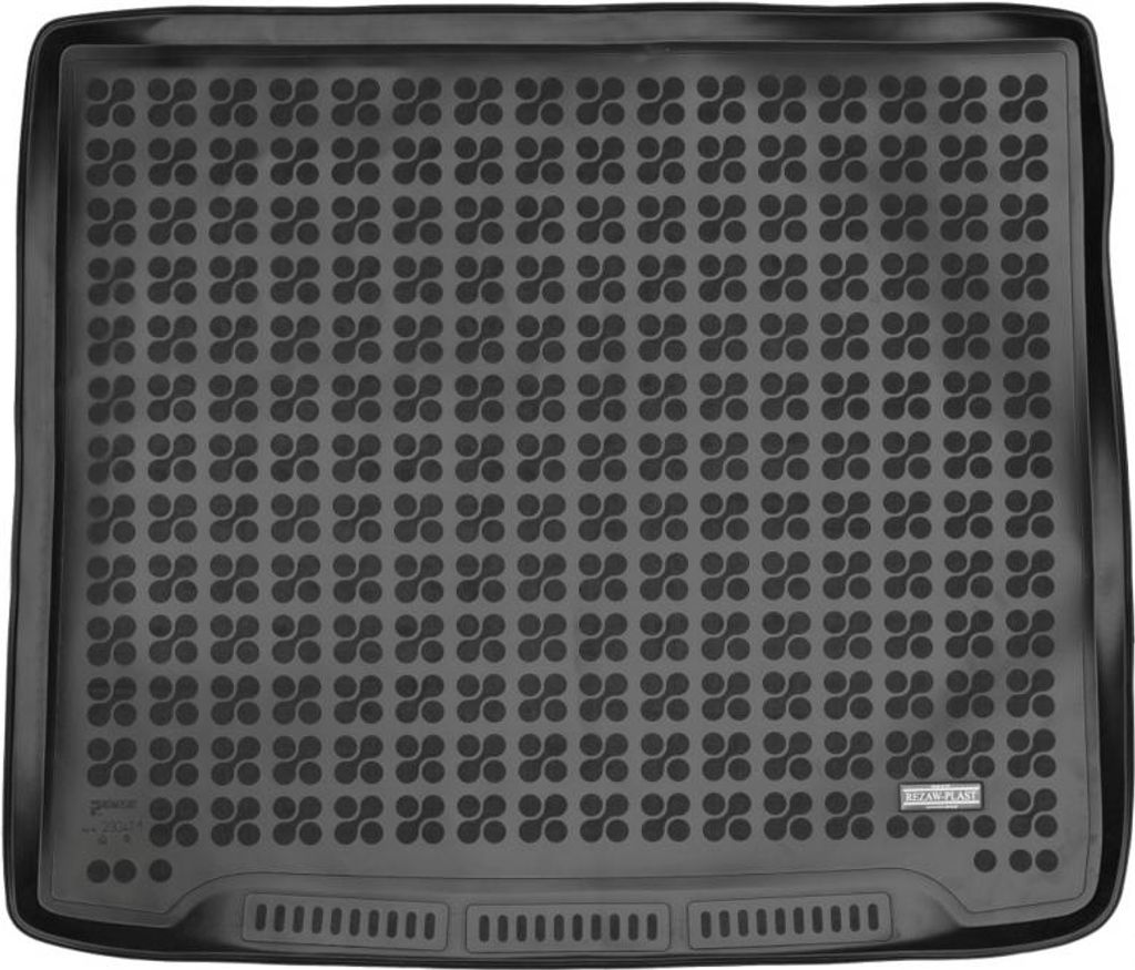 Rubber Trunk Mat Black suitable for Ford Focus MK4 Station Wagon (2018-up) with an irregular size spare tire.