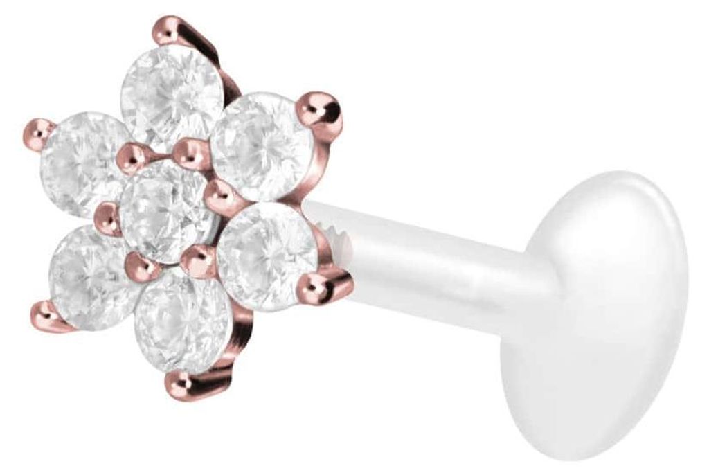 Ohrpiercing, Nasenpiercing PTFE Labret mit Innengewinde + Titan-Aufsatz KRISTALLBLUME RoséGold Stablänge: 8mm | Stabstärke: 1,2mm
