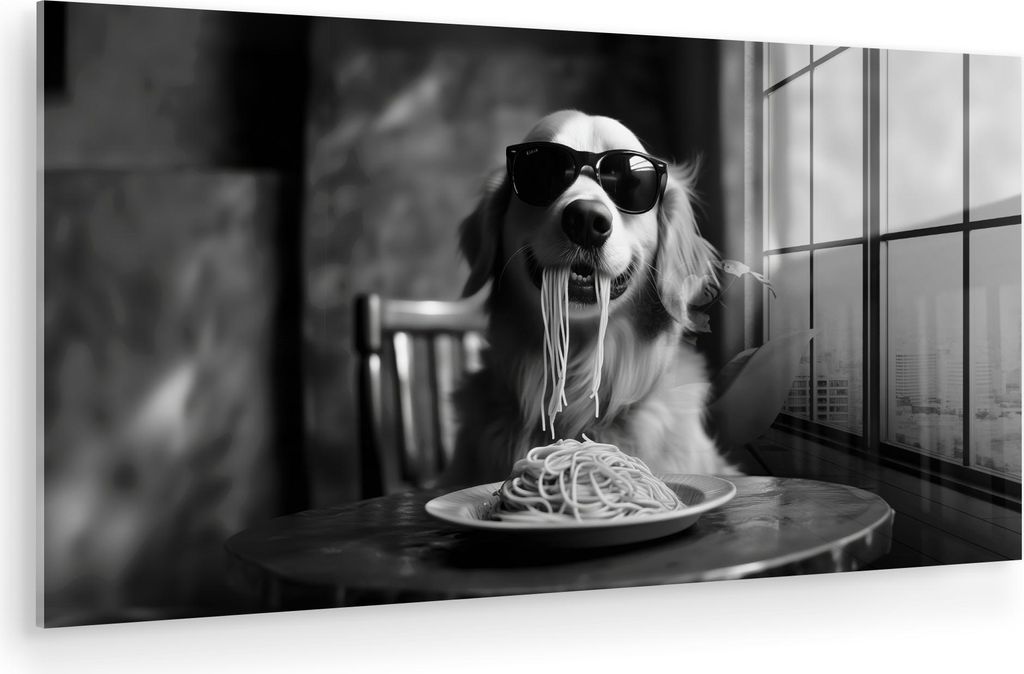 MuchoWow Glasbilder - Bilder auf Wandbild - Foto auf Glas Golden Retriever - Hund - Fröhlich - Teller Spaghetti - Schwarz - Weiß 80x40 cm Wanddek...
