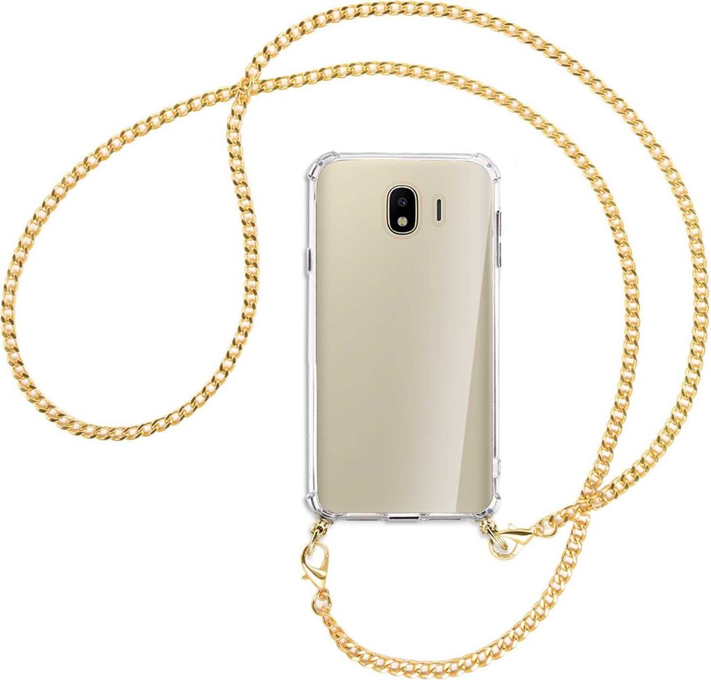 Handykette Backcover-Schutzhülle mit Band (Metall goldfarben) für Samsung Galaxy J4 2018 - goldfarbene Kette