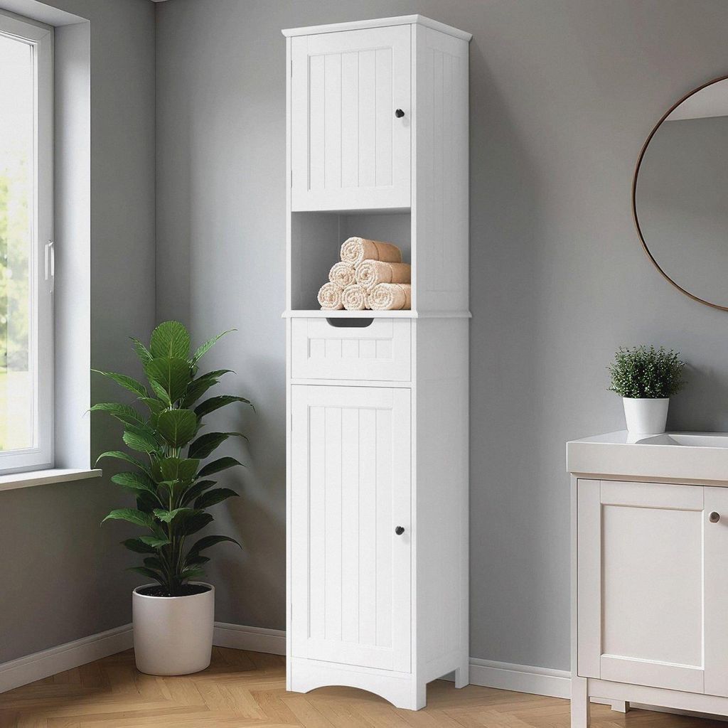 Badezimmerschrank, Hochschrank Badezimmer, Badschrank mit Schublade, Aufbewahrungsschrank mit verstellbaren Ablagen, offene Fächer, 40 x 30 x 170 ...