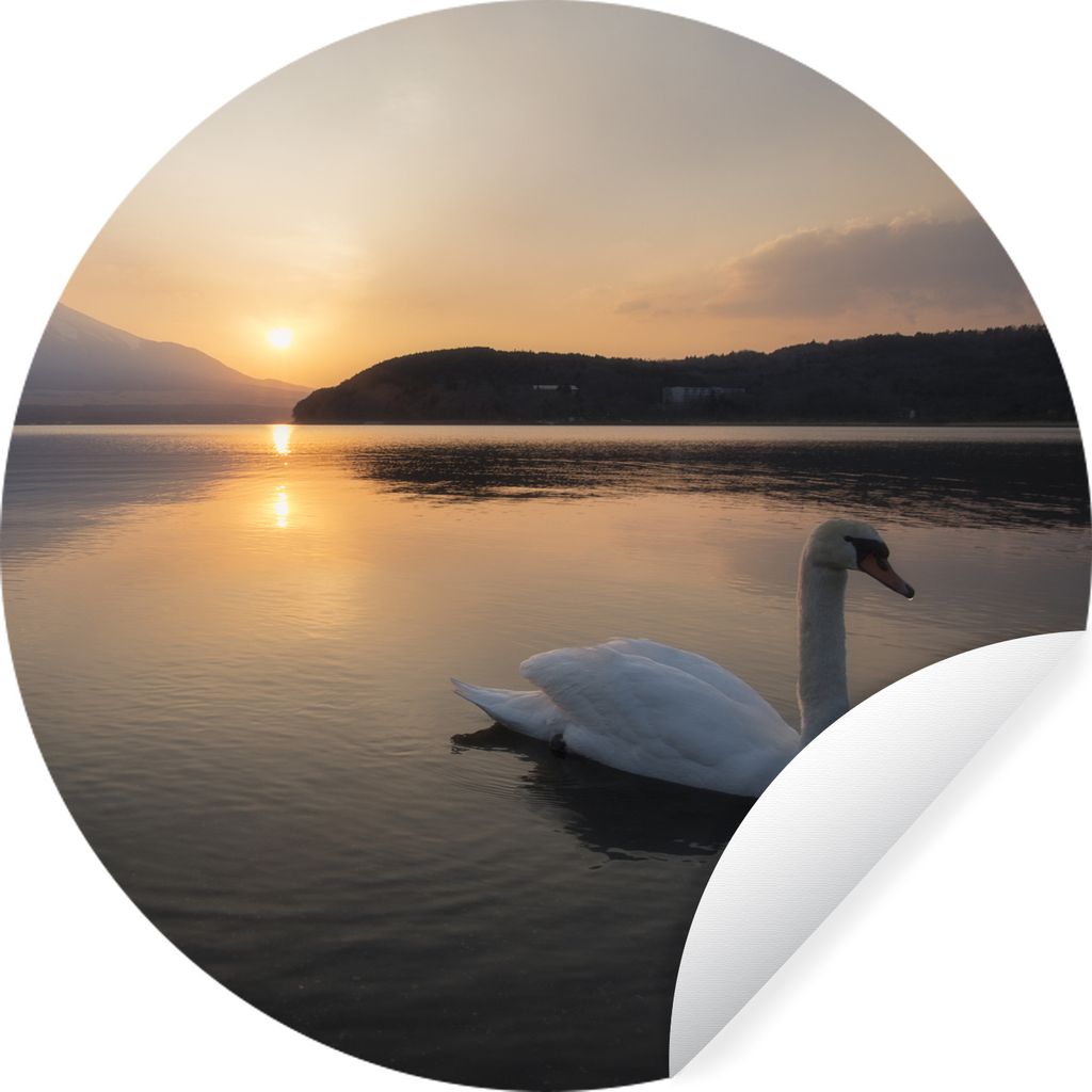 MuchoWow Runde Wandtattoo - Wandsticker Tapete Aufkleber Schwan - Berg - Sonne Ø 30 cm Selbstklebend und Repositionierbar - Wandaufkleber - Krei...