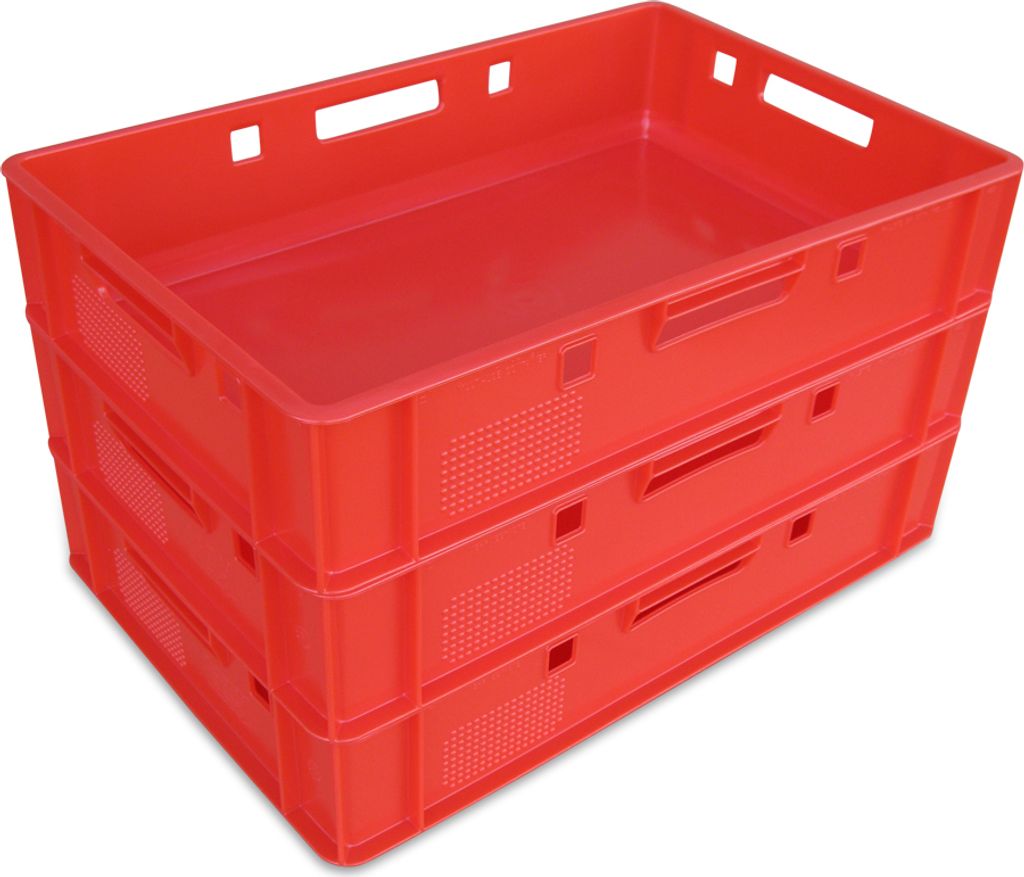 Three stacked red plastic crates are shown against a white background.