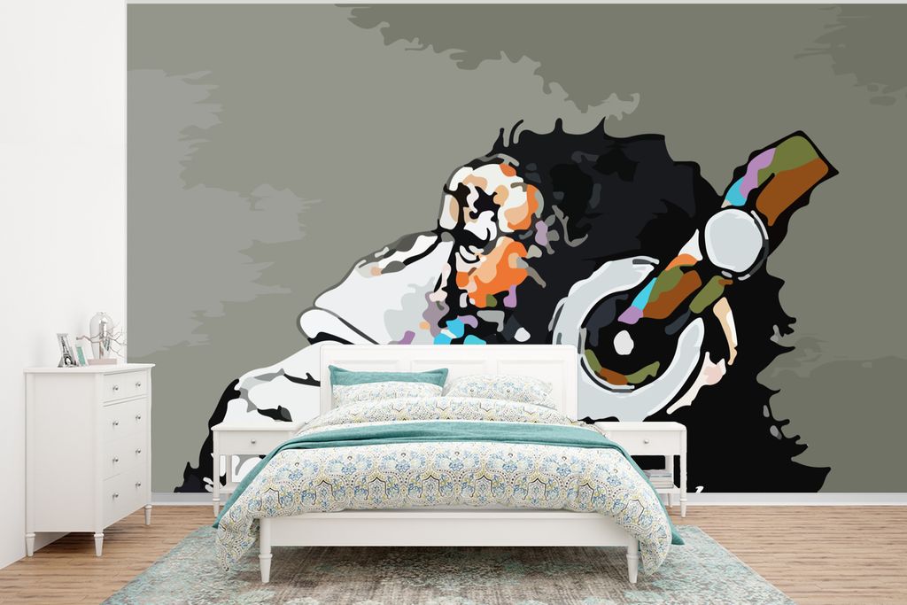 MuchoWow Fototapete für Wohnzimmer oder Schlafzimmer Wandtapete Vinyl Motivtapete Gemälde - Ölgemälde - Affe - Kopfhörer - 350x260 cm - Wohn...