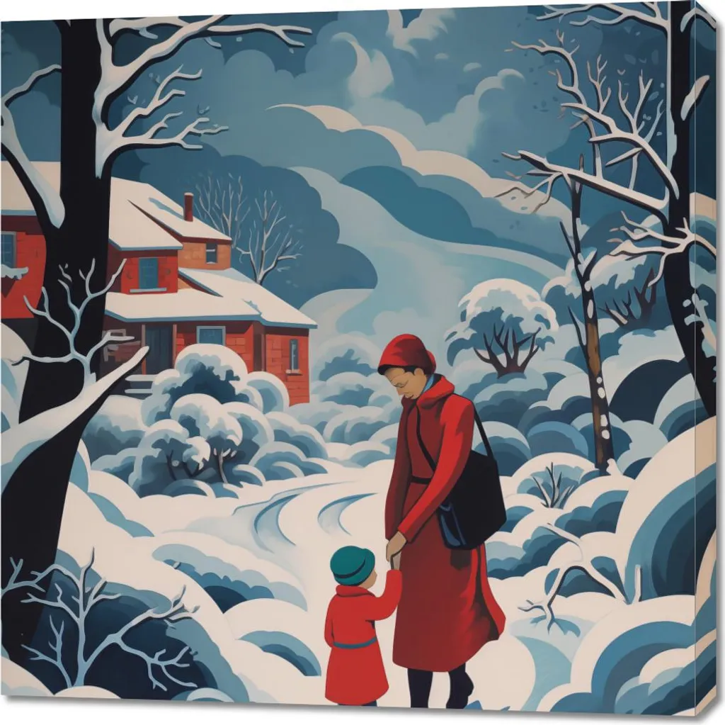 Décoration murale salon 90x90 cm mère et enfant paysage de neige