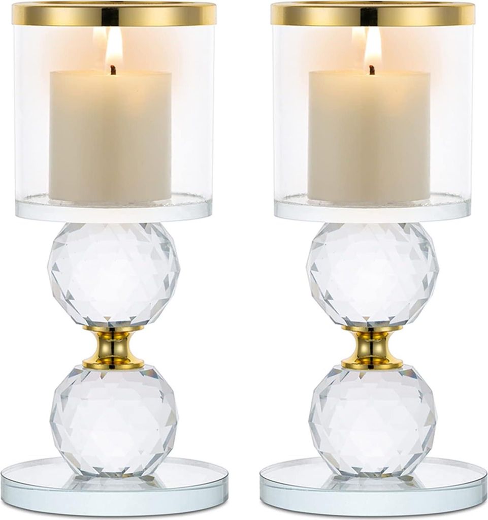 Kristallklare Piller Kerzenhalter Set von 2, Glas Kerzenständer Teelicht Kerzenständer Tischmittelstücke für Wohnzimmer Hochzeit Bankett